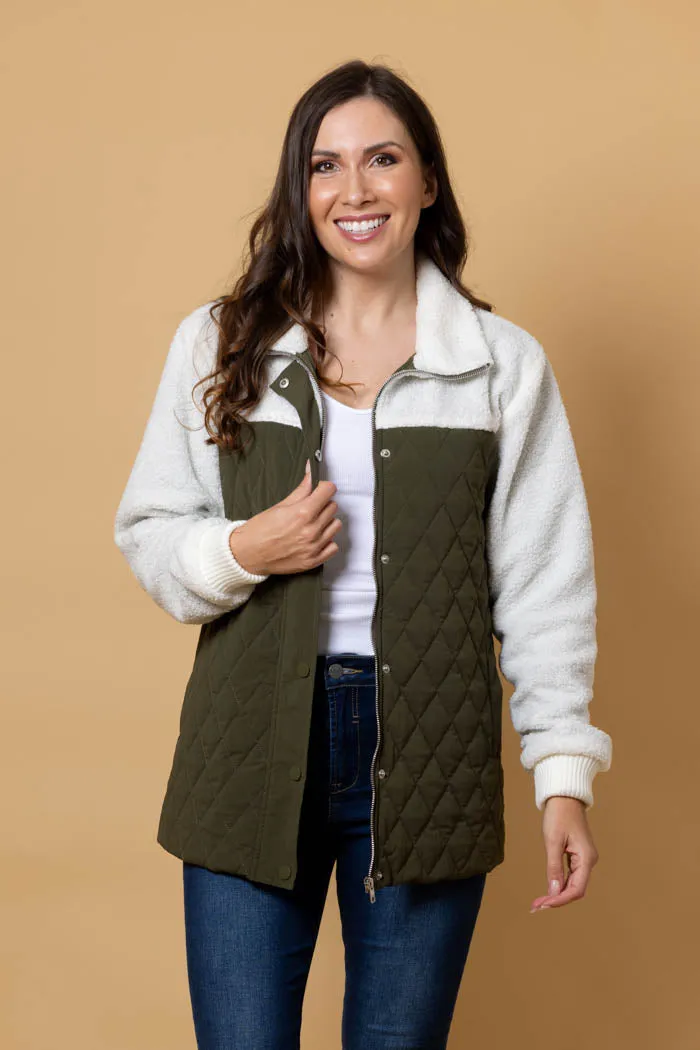 Finley Quilted Sherpa Jacket - Khaki