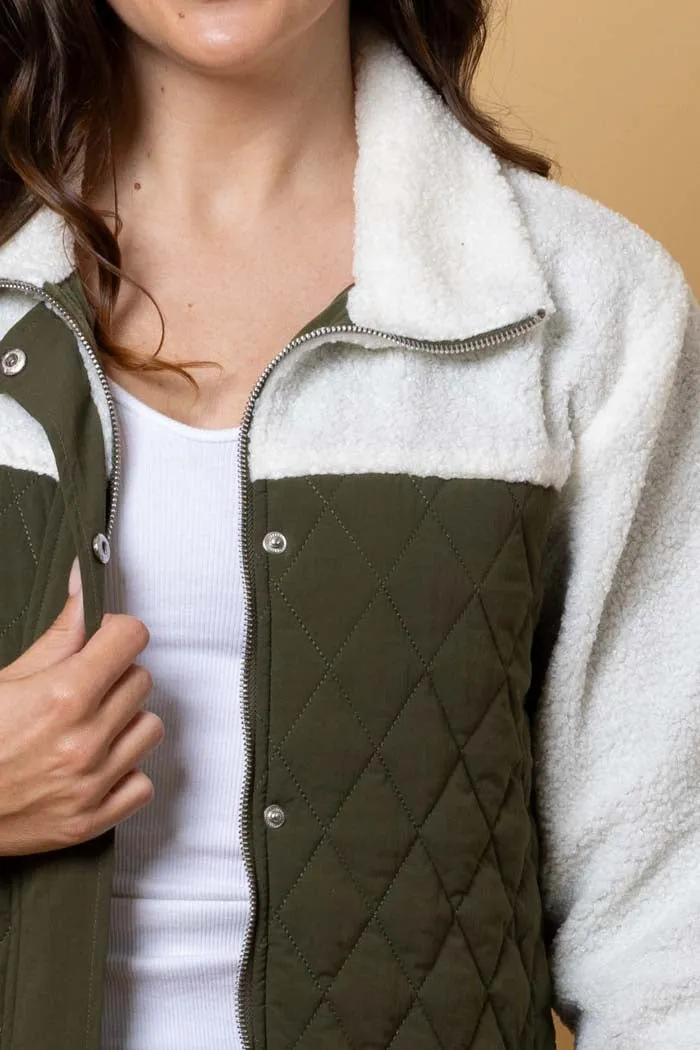 Finley Quilted Sherpa Jacket - Khaki