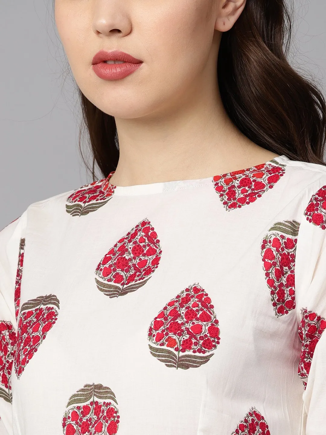 Floral Boota Attached With Solid Maroon Dress With Multiple Slits & 3/4 Sleeves