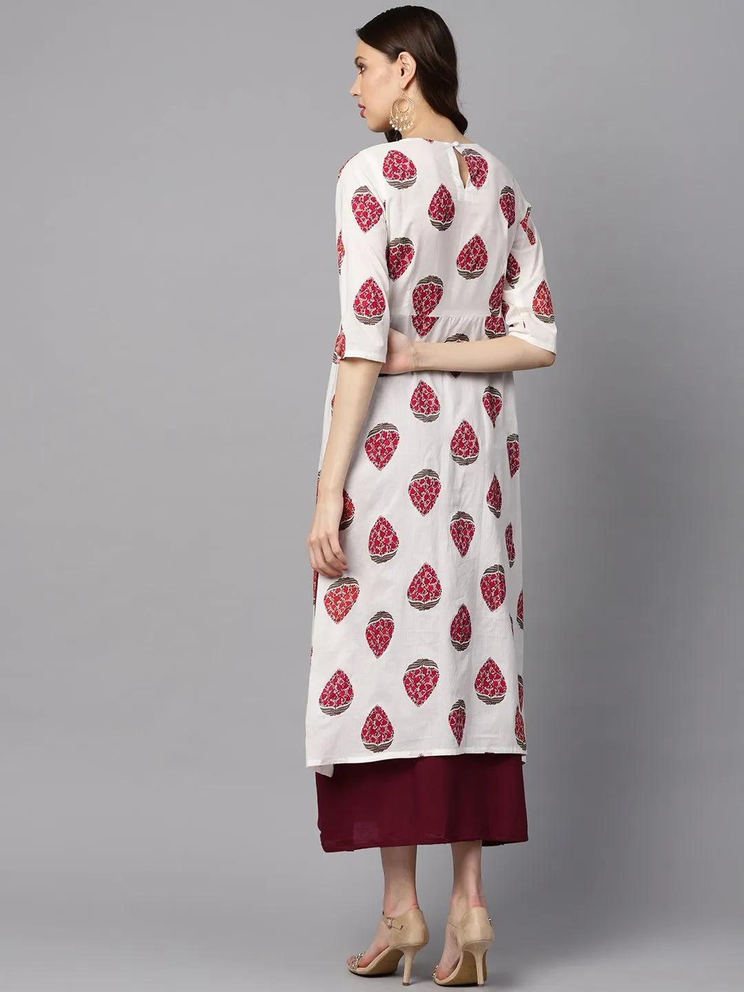 Floral Boota Attached With Solid Maroon Dress With Multiple Slits & 3/4 Sleeves
