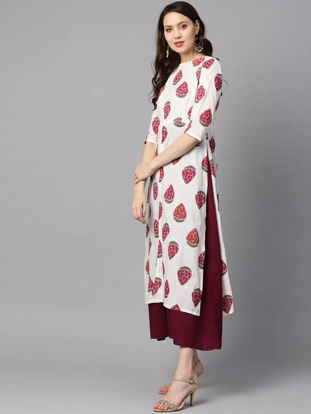 Floral Boota Attached With Solid Maroon Dress With Multiple Slits & 3/4 Sleeves