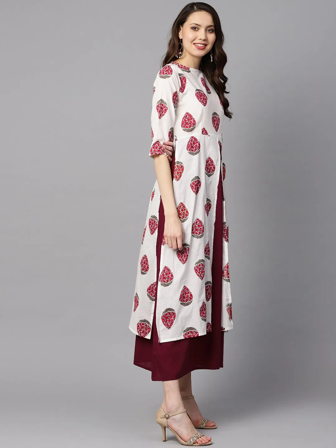Floral Boota Attached With Solid Maroon Dress With Multiple Slits & 3/4 Sleeves