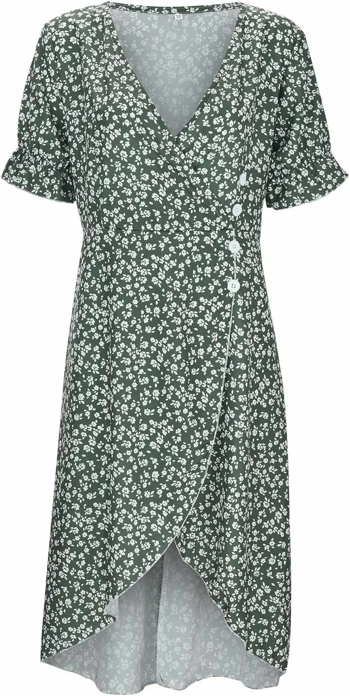 Floral Wrap Dresses for Women 2025 Summer Irregular Hem V Neck Button Boho Dress Elegant Beach Vacation Midi Dresses