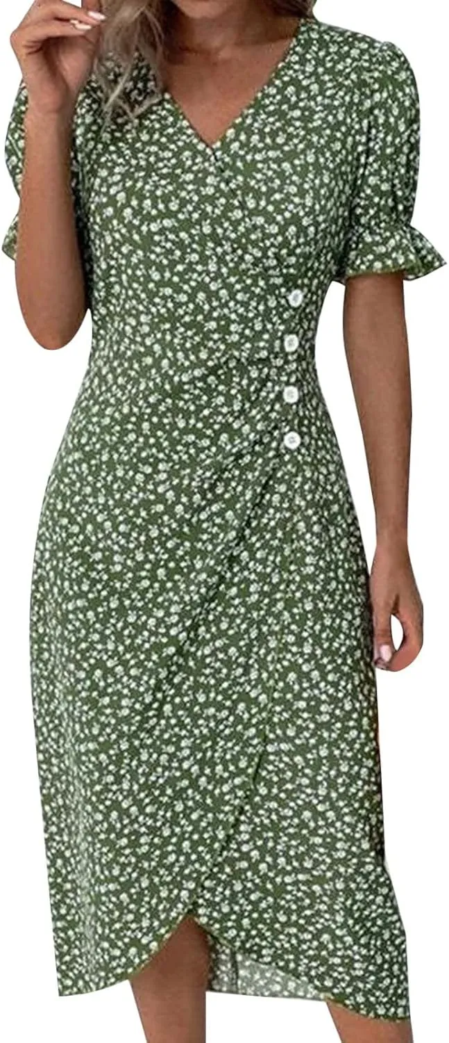 Floral Wrap Dresses for Women 2025 Summer Irregular Hem V Neck Button Boho Dress Elegant Beach Vacation Midi Dresses