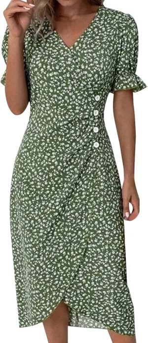Floral Wrap Dresses for Women 2025 Summer Irregular Hem V Neck Button Boho Dress Elegant Beach Vacation Midi Dresses