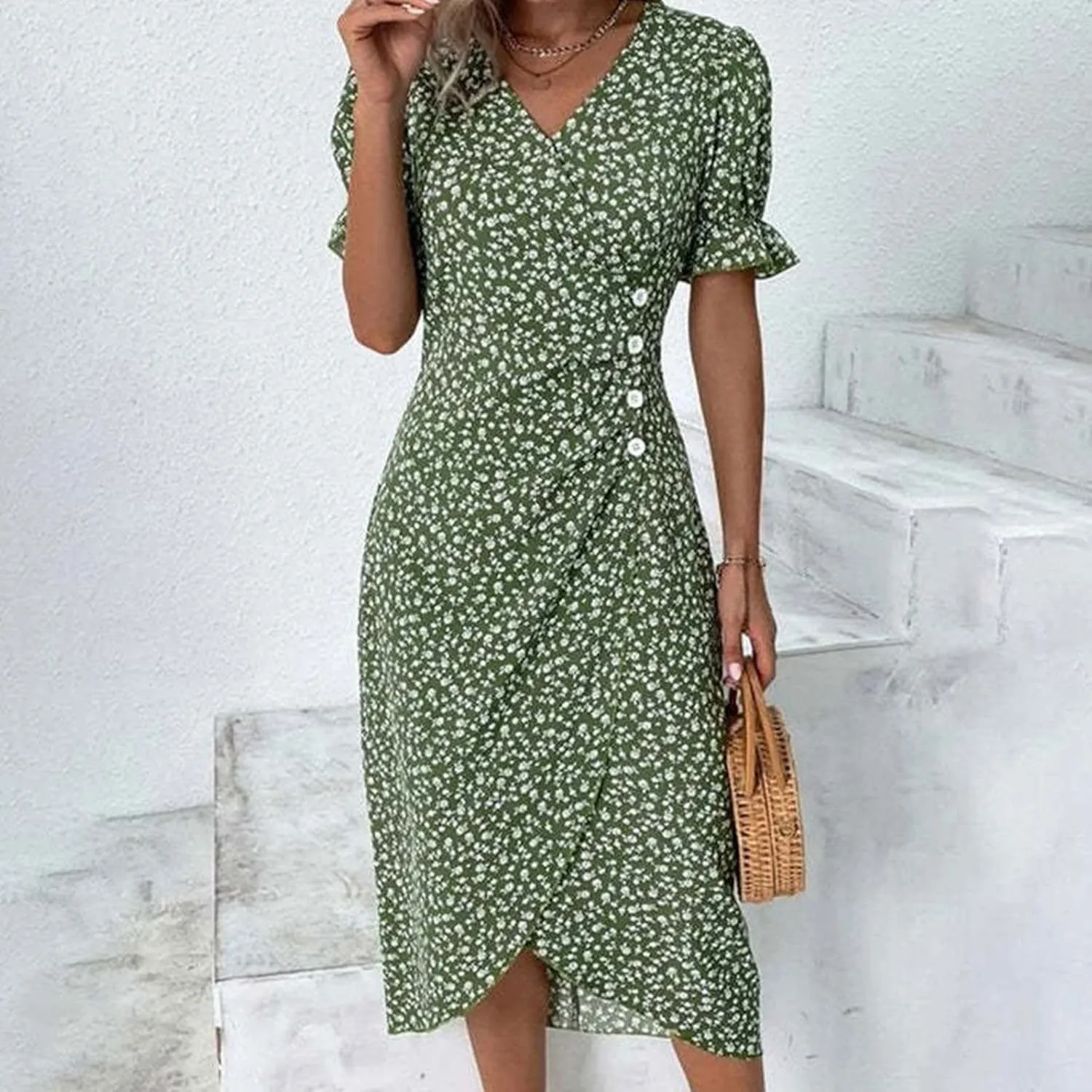Floral Wrap Dresses for Women 2025 Summer Irregular Hem V Neck Button Boho Dress Elegant Beach Vacation Midi Dresses