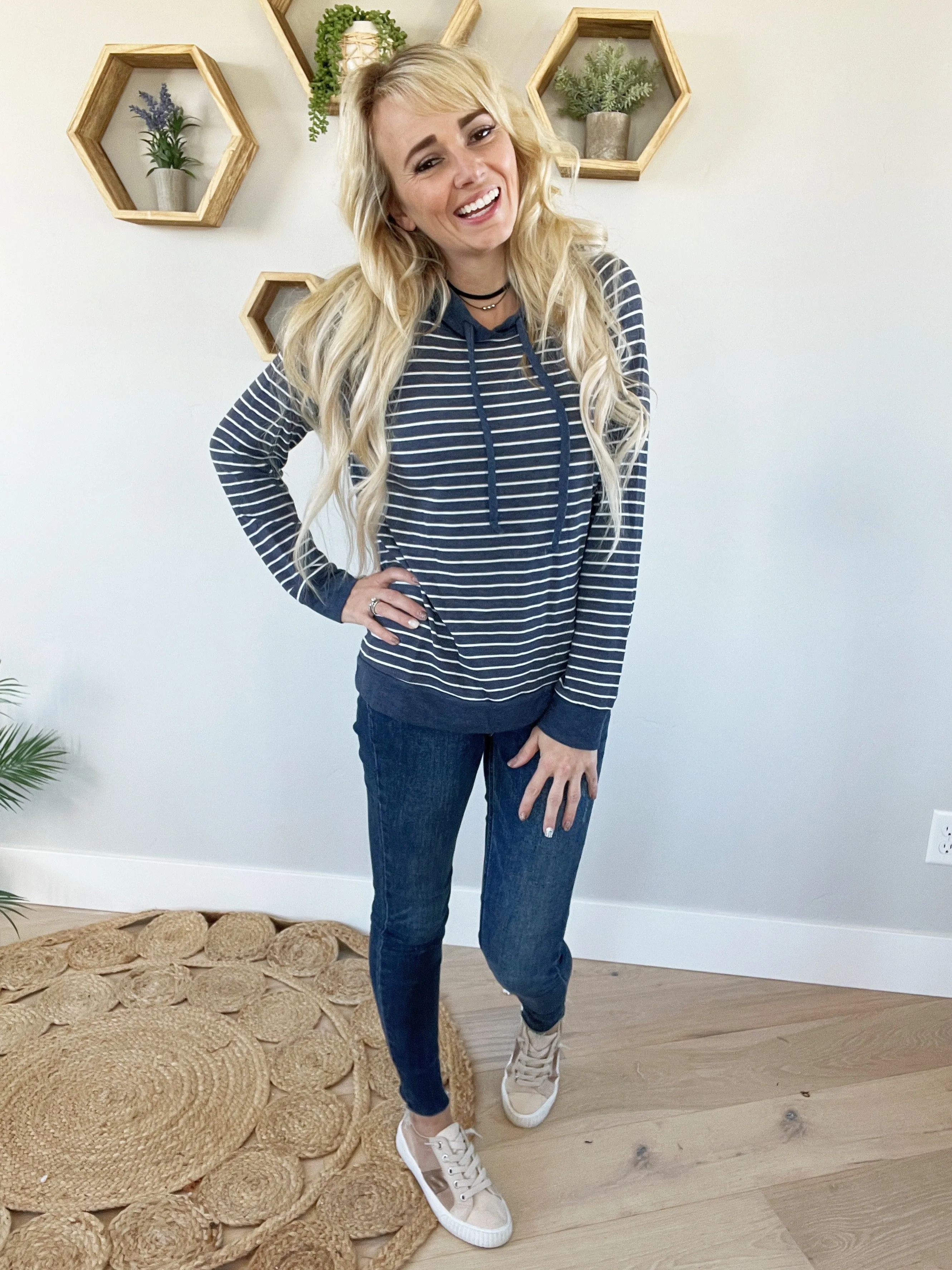 Friends First Striped Hooded Top in Navy