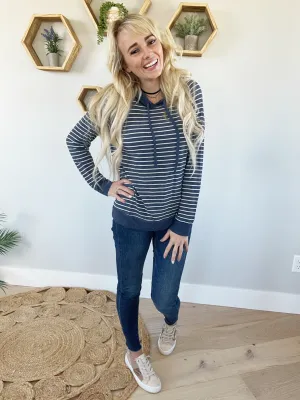 Friends First Striped Hooded Top in Navy