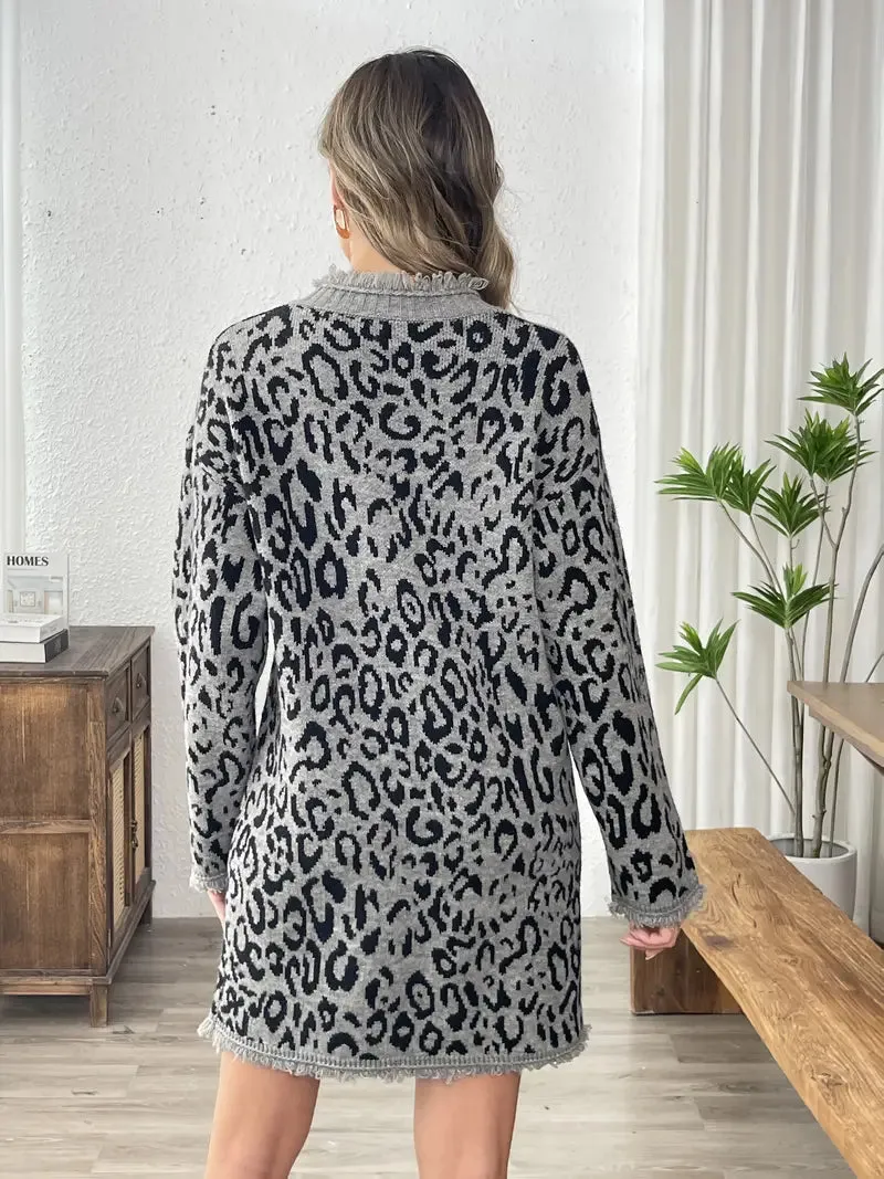 Gebreide jurk met luipaardprint en franjes - Trui van acryl