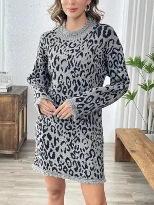 Gebreide jurk met luipaardprint en franjes - Trui van acryl