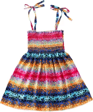 Girl 2024 Summer Boho Floral Printed Spaghetti Strap Square Neck Ruffle A Line Swing Beach Mini Dress Sunflower Dress