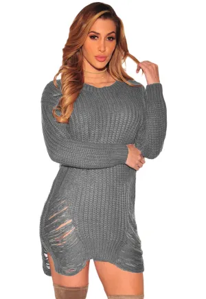 Gray Ripped Knit Long Sleeves Sweater