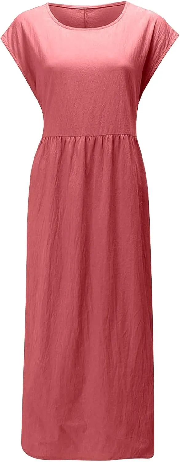 hlysgo Cotton Linen Dresses for Women 2025 Summer Short Sleeve Crew Neck Midi Dress Casual Loose Comfy Plus Size Beach Dress