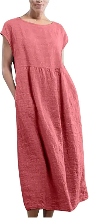 hlysgo Cotton Linen Dresses for Women 2025 Summer Short Sleeve Crew Neck Midi Dress Casual Loose Comfy Plus Size Beach Dress