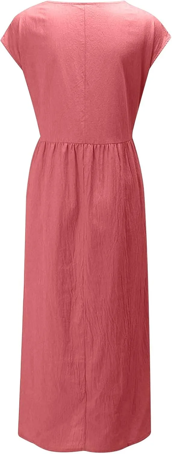 hlysgo Cotton Linen Dresses for Women 2025 Summer Short Sleeve Crew Neck Midi Dress Casual Loose Comfy Plus Size Beach Dress