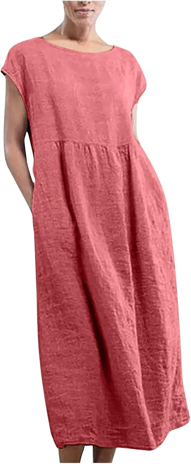 hlysgo Cotton Linen Dresses for Women 2025 Summer Short Sleeve Crew Neck Midi Dress Casual Loose Comfy Plus Size Beach Dress