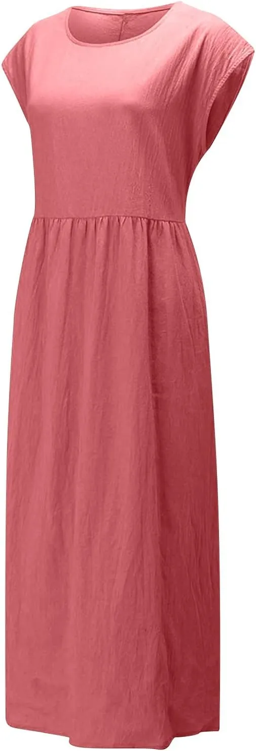hlysgo Cotton Linen Dresses for Women 2025 Summer Short Sleeve Crew Neck Midi Dress Casual Loose Comfy Plus Size Beach Dress
