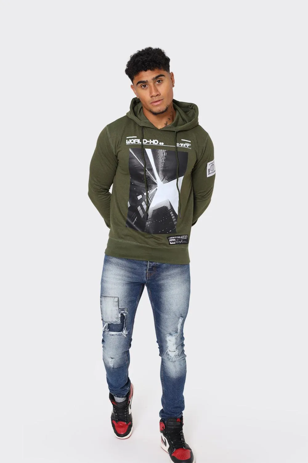 Hoodie with Urban Skyline Graphic in Olive Green