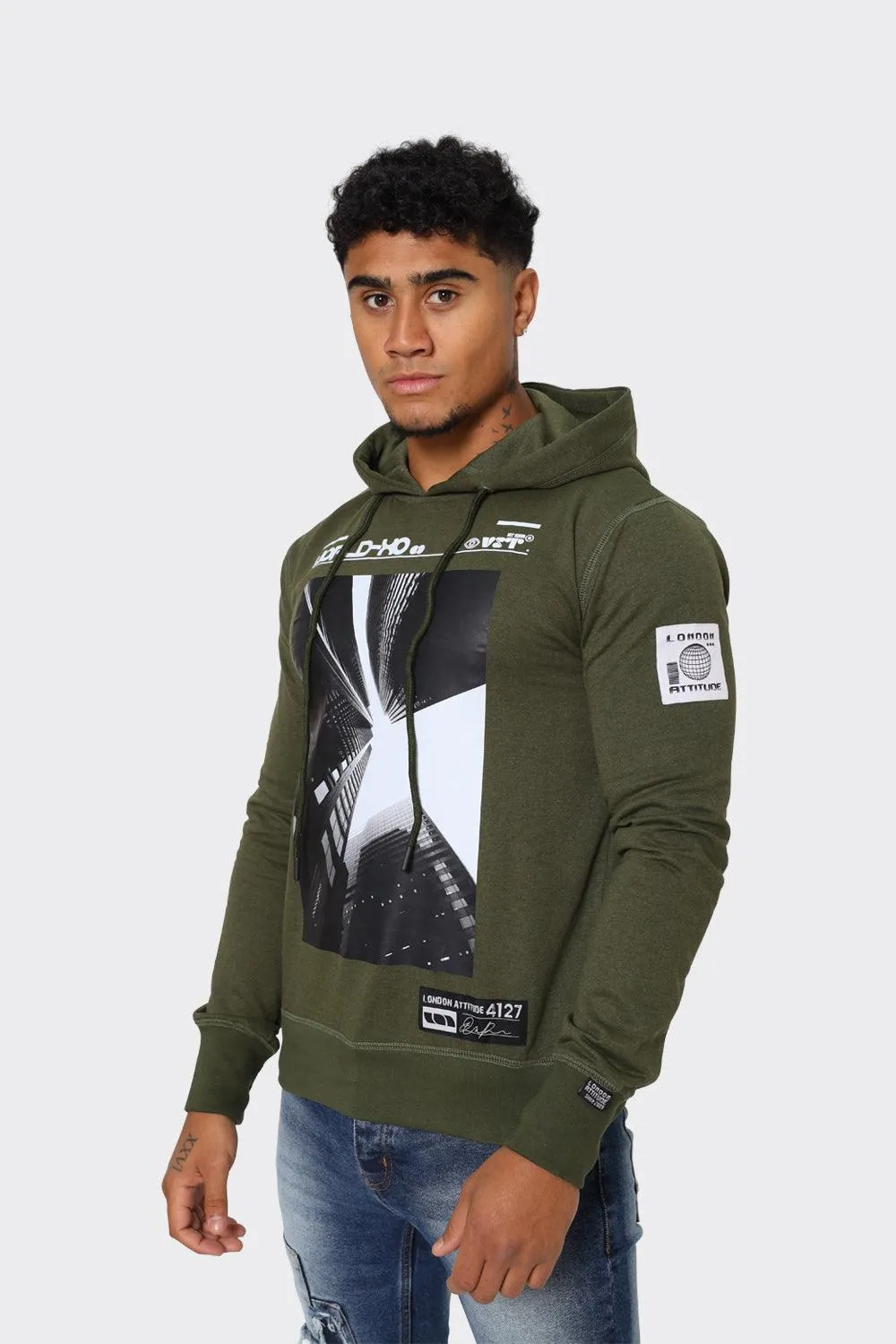 Hoodie with Urban Skyline Graphic in Olive Green