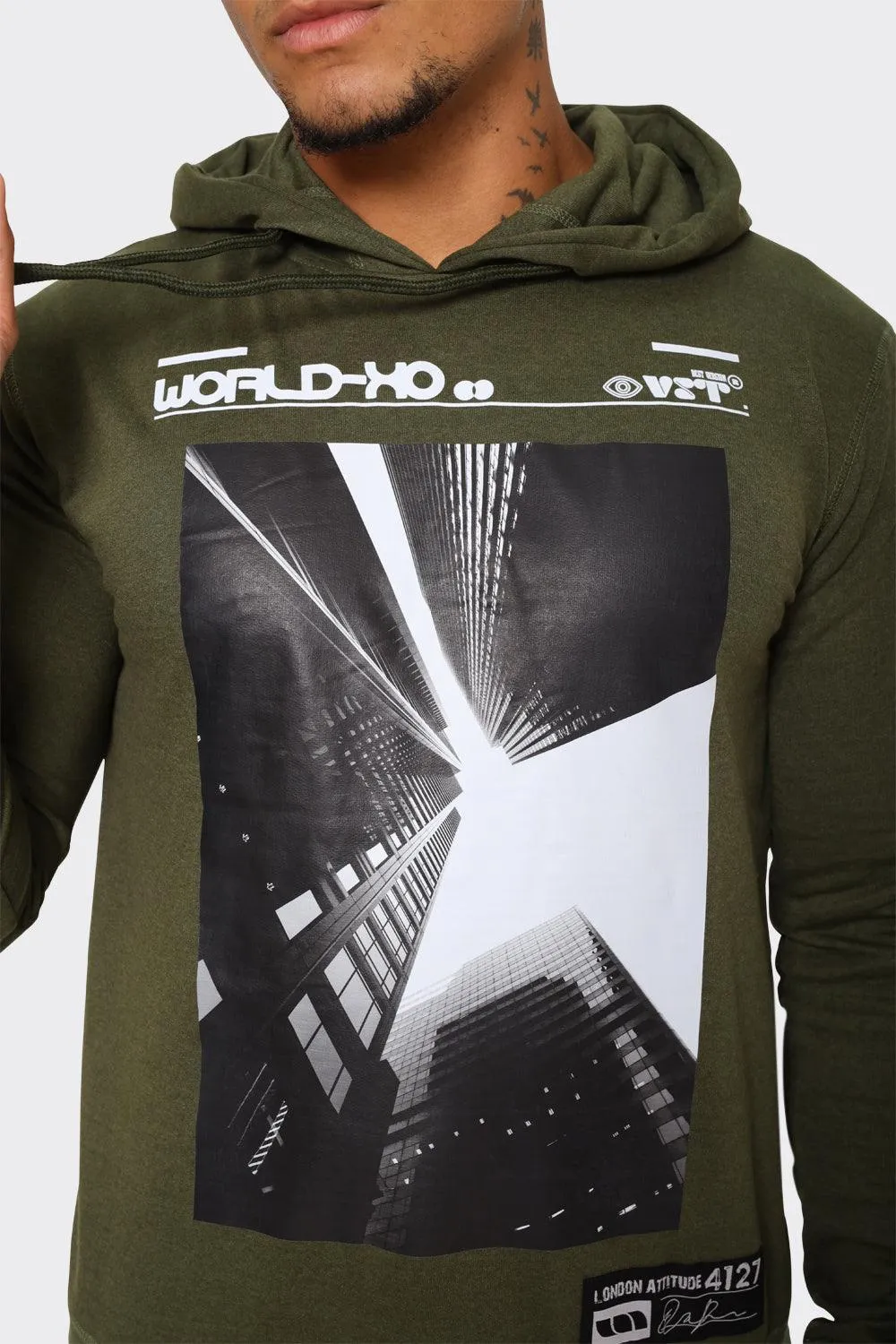 Hoodie with Urban Skyline Graphic in Olive Green