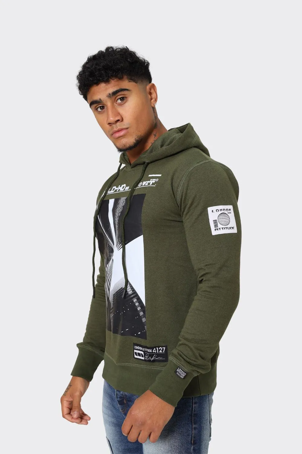 Hoodie with Urban Skyline Graphic in Olive Green