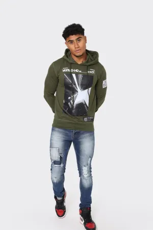 Hoodie with Urban Skyline Graphic in Olive Green