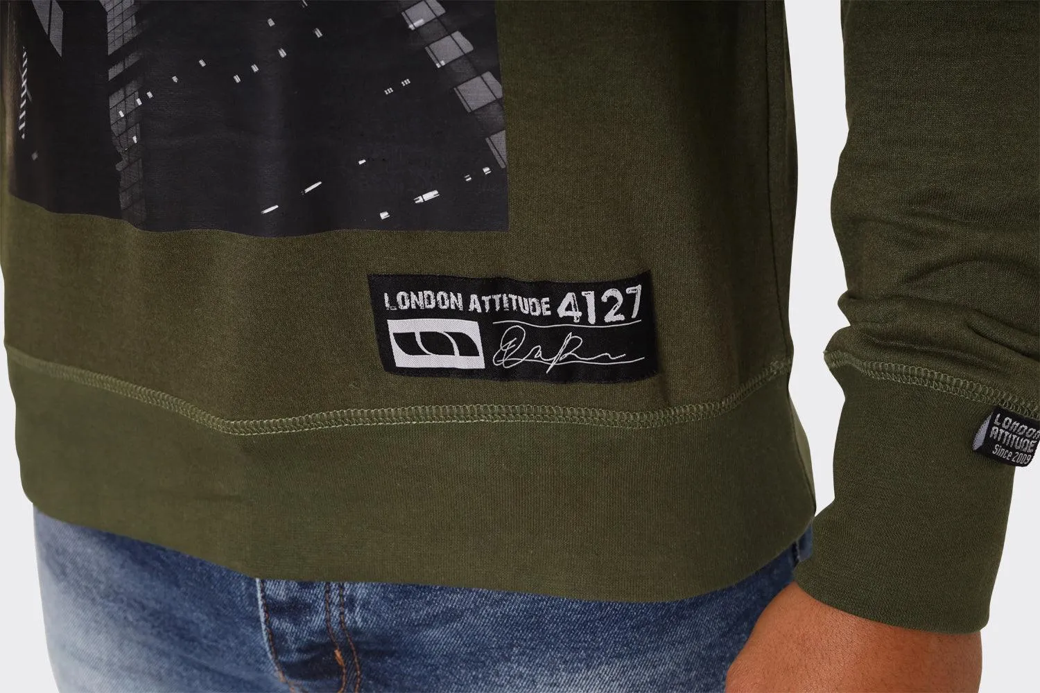 Hoodie with Urban Skyline Graphic in Olive Green