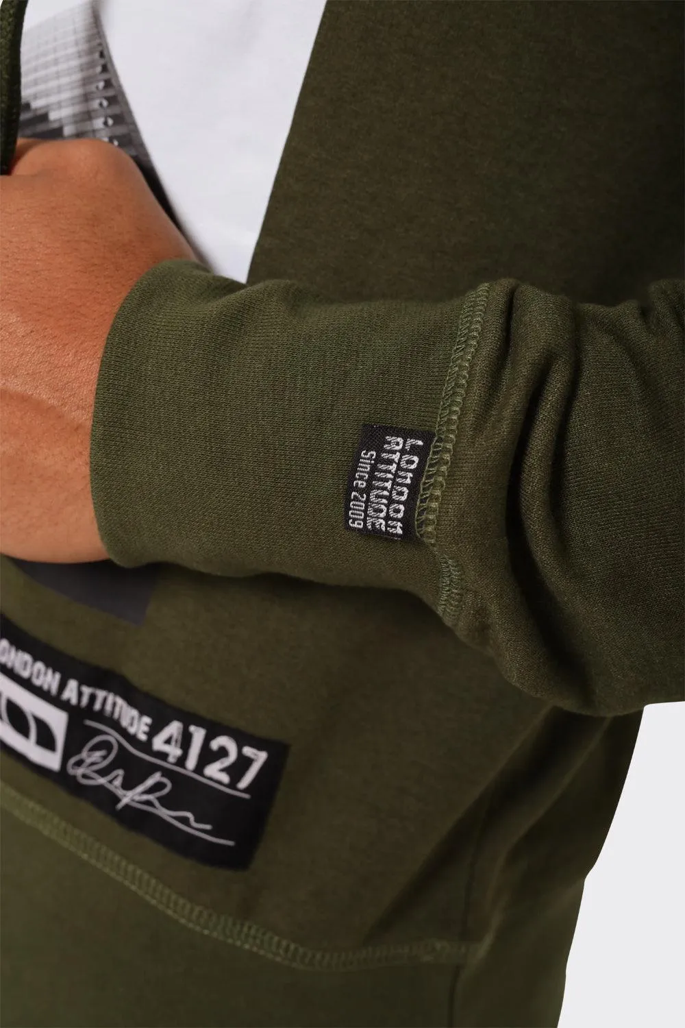 Hoodie with Urban Skyline Graphic in Olive Green