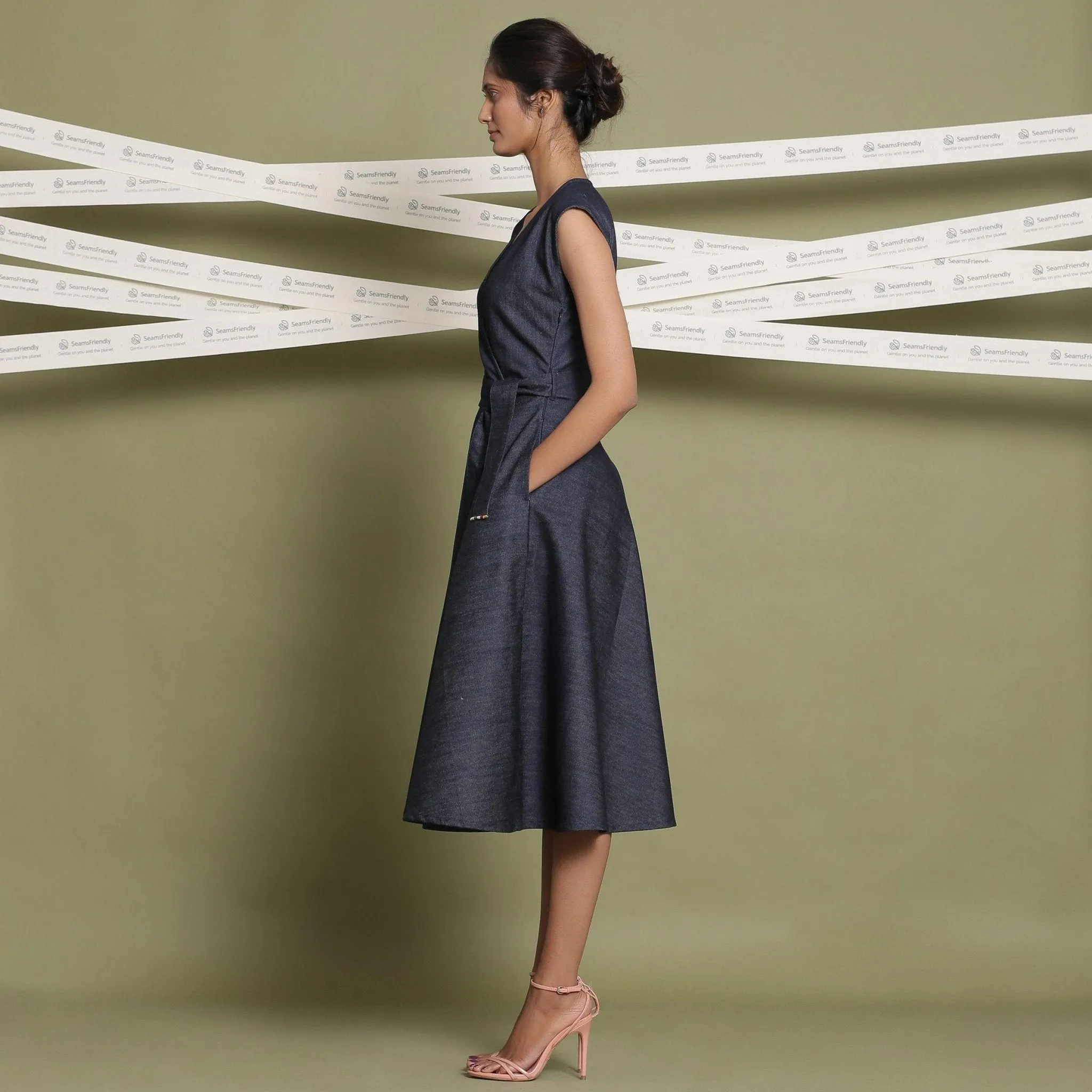 Indigo Cotton Denim V-Neck Fit and Flare Midi Dress