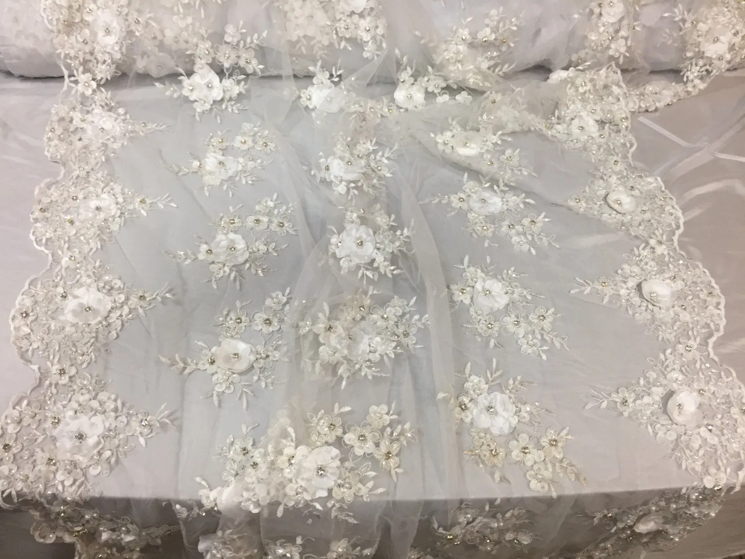 Lavish White 3D flower design embroider and beaded on a mesh lace -Sold by the yard