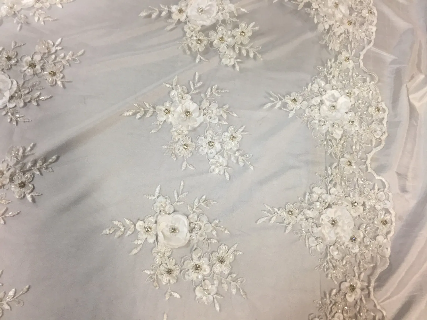 Lavish White 3D flower design embroider and beaded on a mesh lace -Sold by the yard