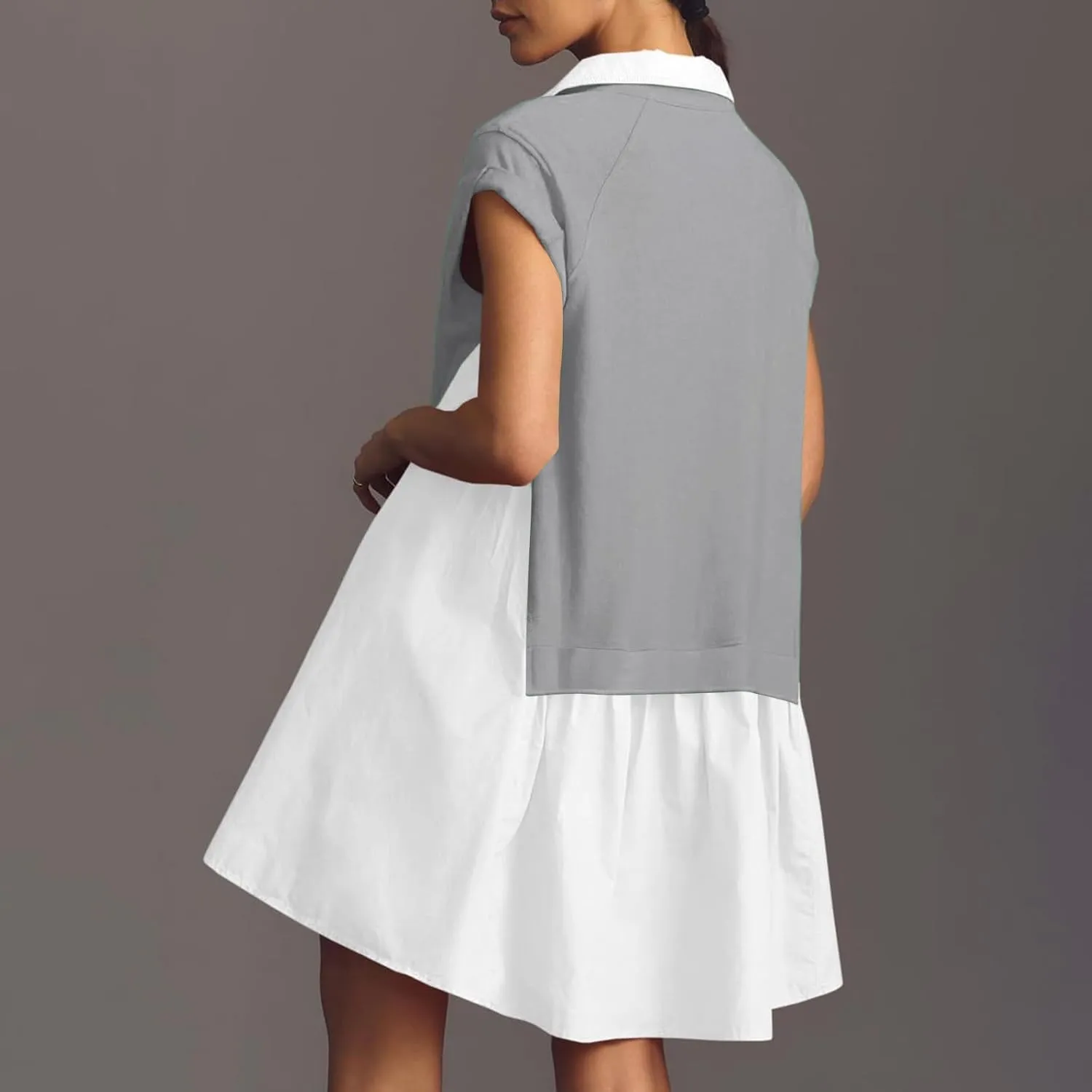 LEMONONSTORE Summer T Shirt Dress for Women Roll-Up Sleeve Ruffle Tunic Dress Button Lapel Neck Patchwork Party Mini Dresses