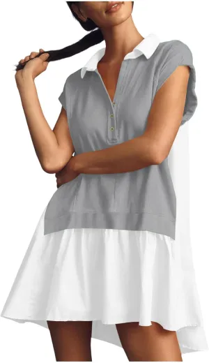 LEMONONSTORE Summer T Shirt Dress for Women Roll-Up Sleeve Ruffle Tunic Dress Button Lapel Neck Patchwork Party Mini Dresses