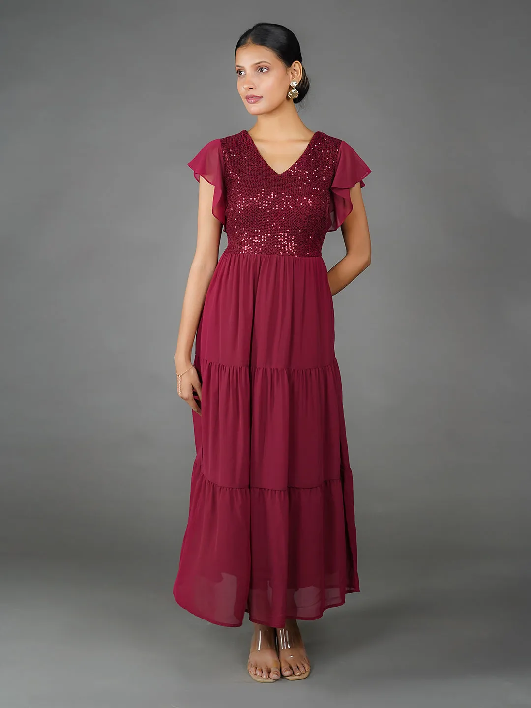 Maroon Solid Sequinned Flared Maxi Dress