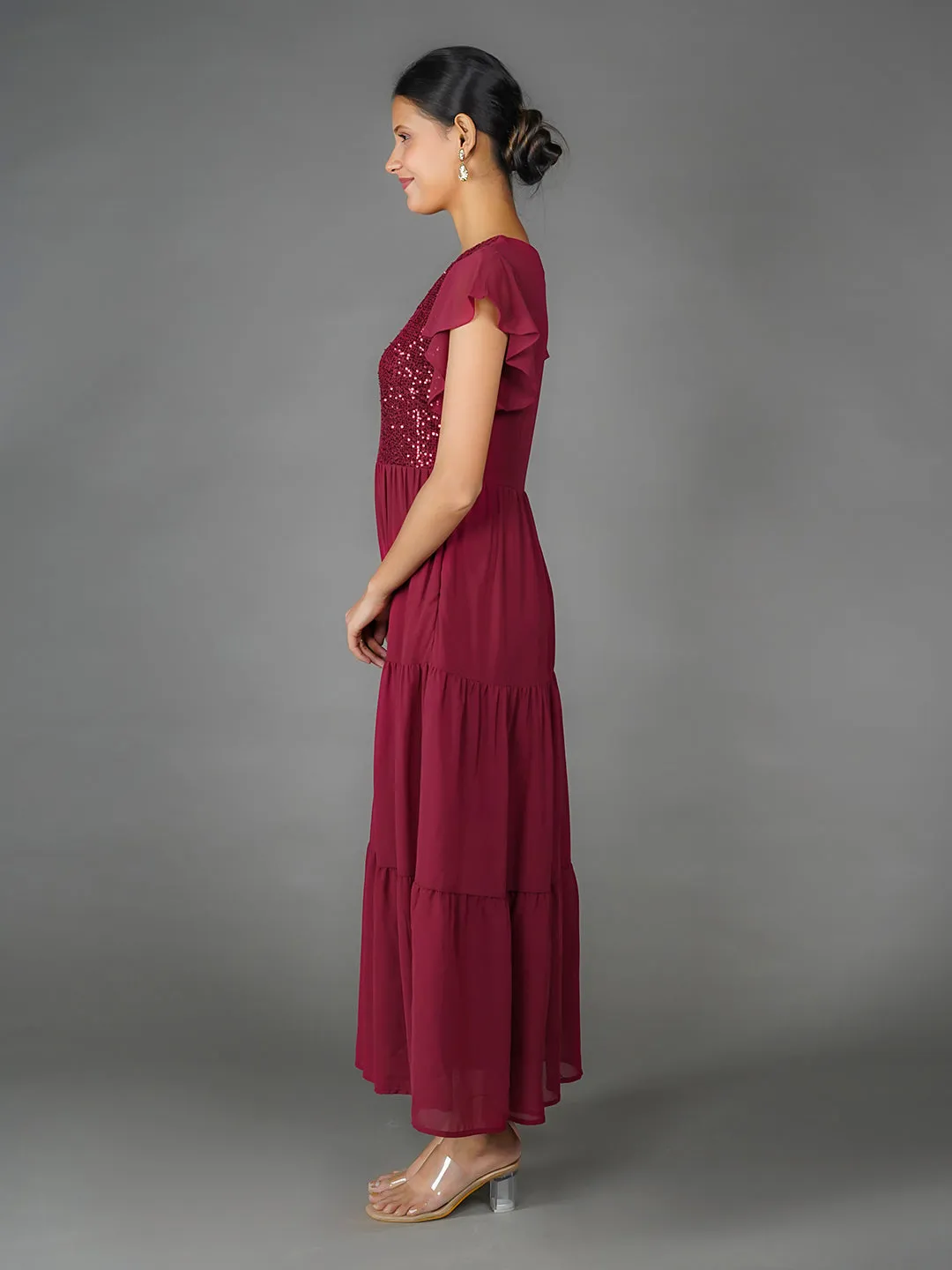 Maroon Solid Sequinned Flared Maxi Dress