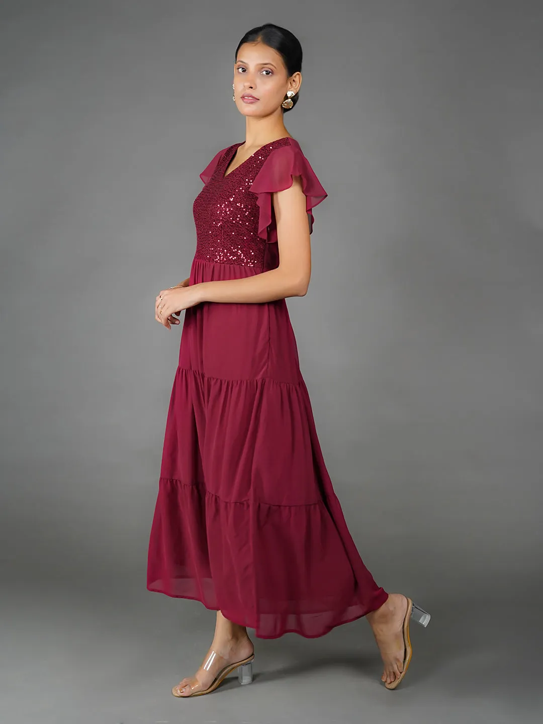 Maroon Solid Sequinned Flared Maxi Dress