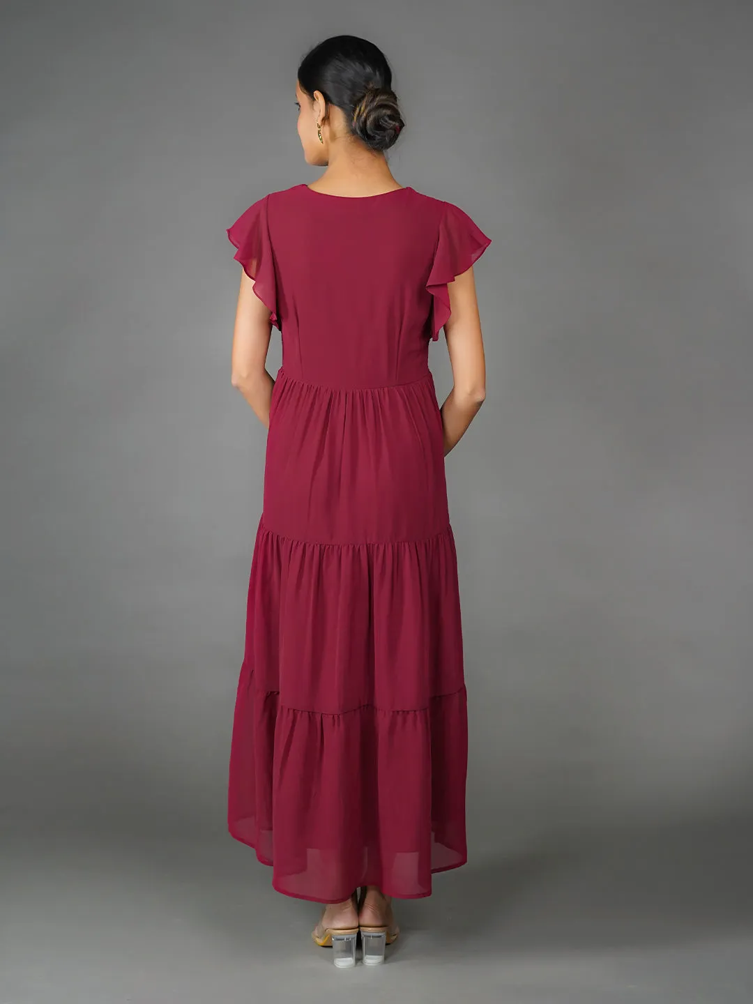Maroon Solid Sequinned Flared Maxi Dress