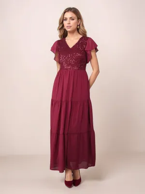 Maroon Solid Sequinned Flared Maxi Dress