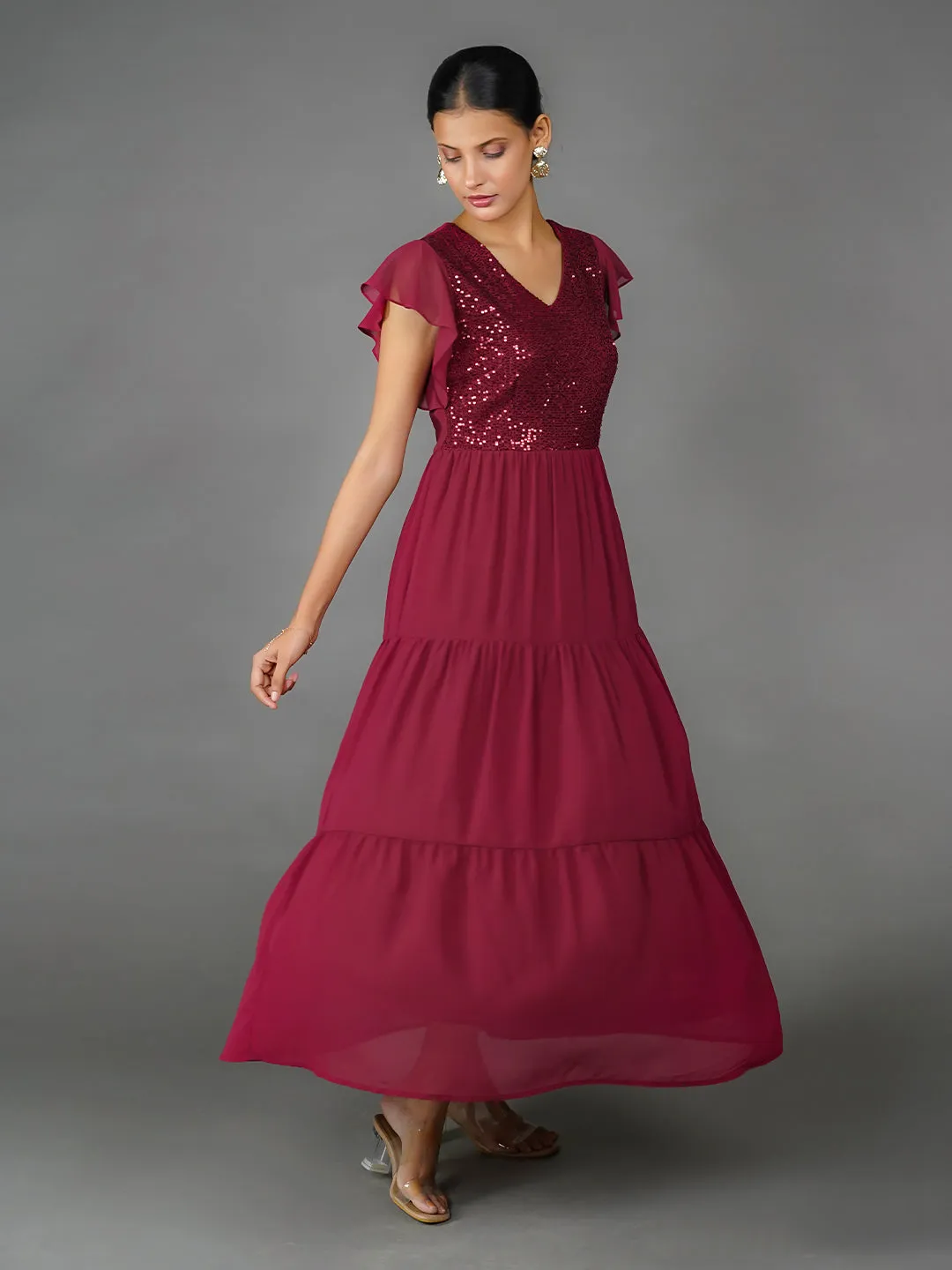 Maroon Solid Sequinned Flared Maxi Dress