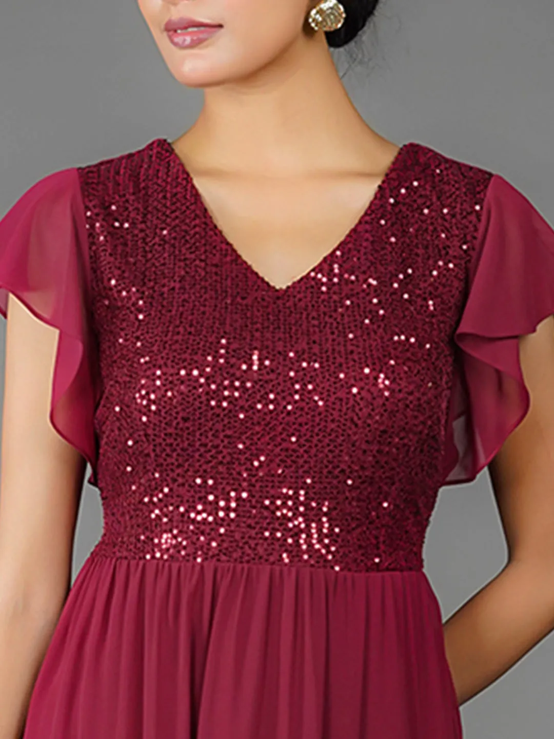 Maroon Solid Sequinned Flared Maxi Dress