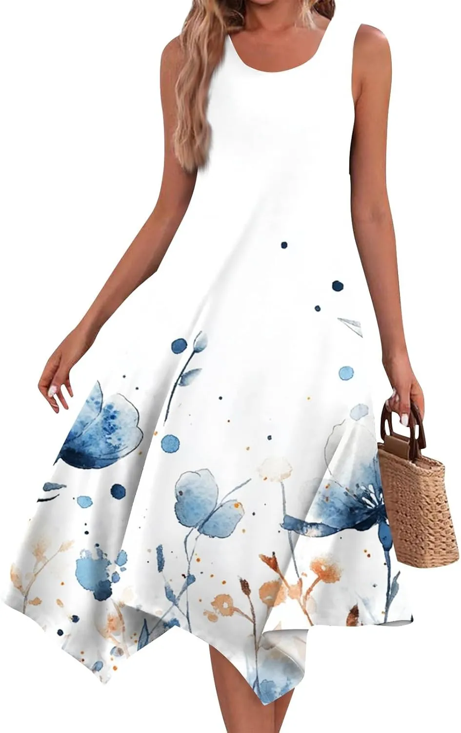 Midi Dress for Women Summer Sleeveless Irregular Hem Mid Length Dress for Women U-Neck Dresses A Line with Pockets