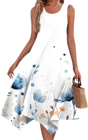 Midi Dress for Women Summer Sleeveless Irregular Hem Mid Length Dress for Women U-Neck Dresses A Line with Pockets