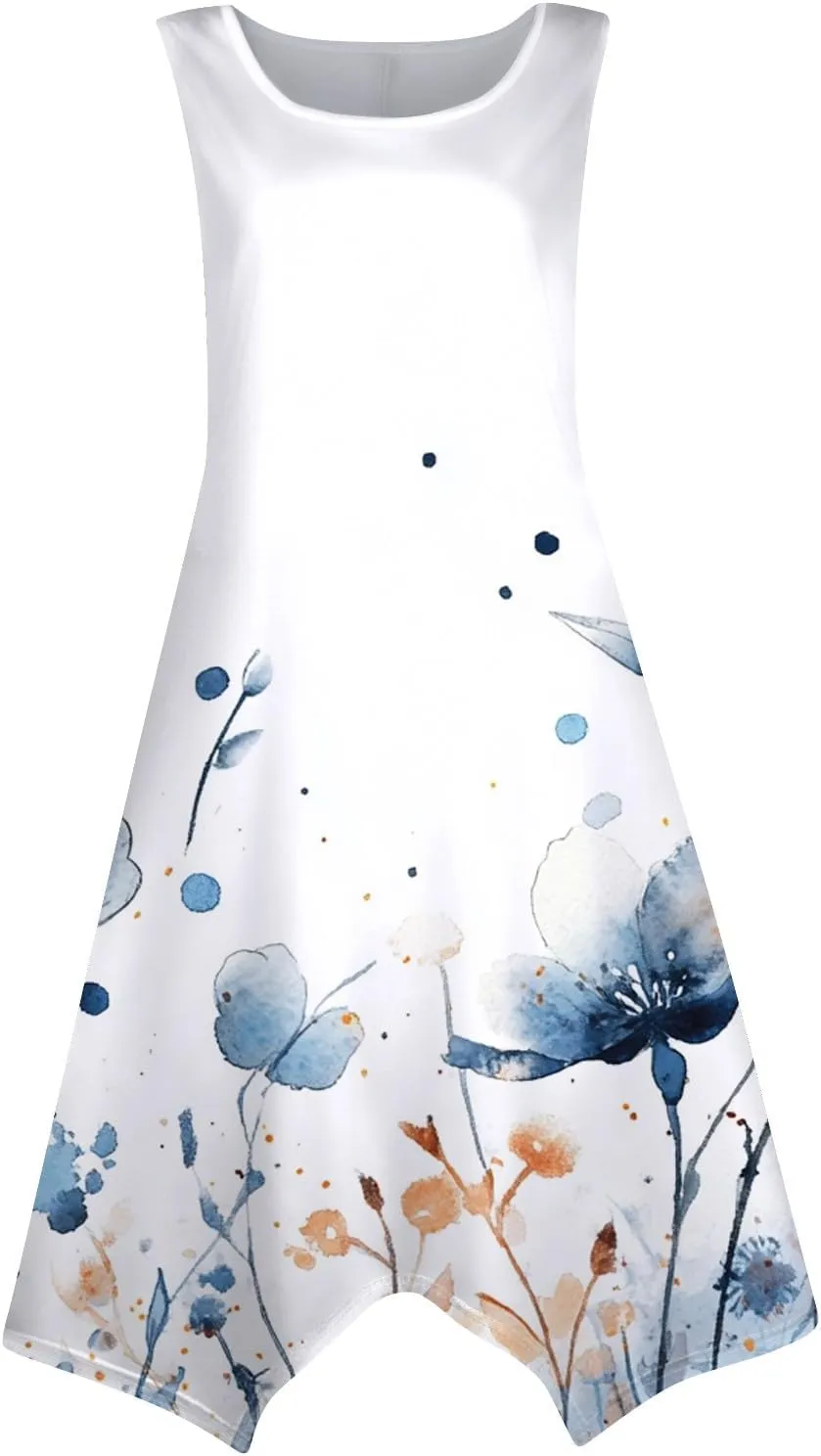 Midi Dress for Women Summer Sleeveless Irregular Hem Mid Length Dress for Women U-Neck Dresses A Line with Pockets