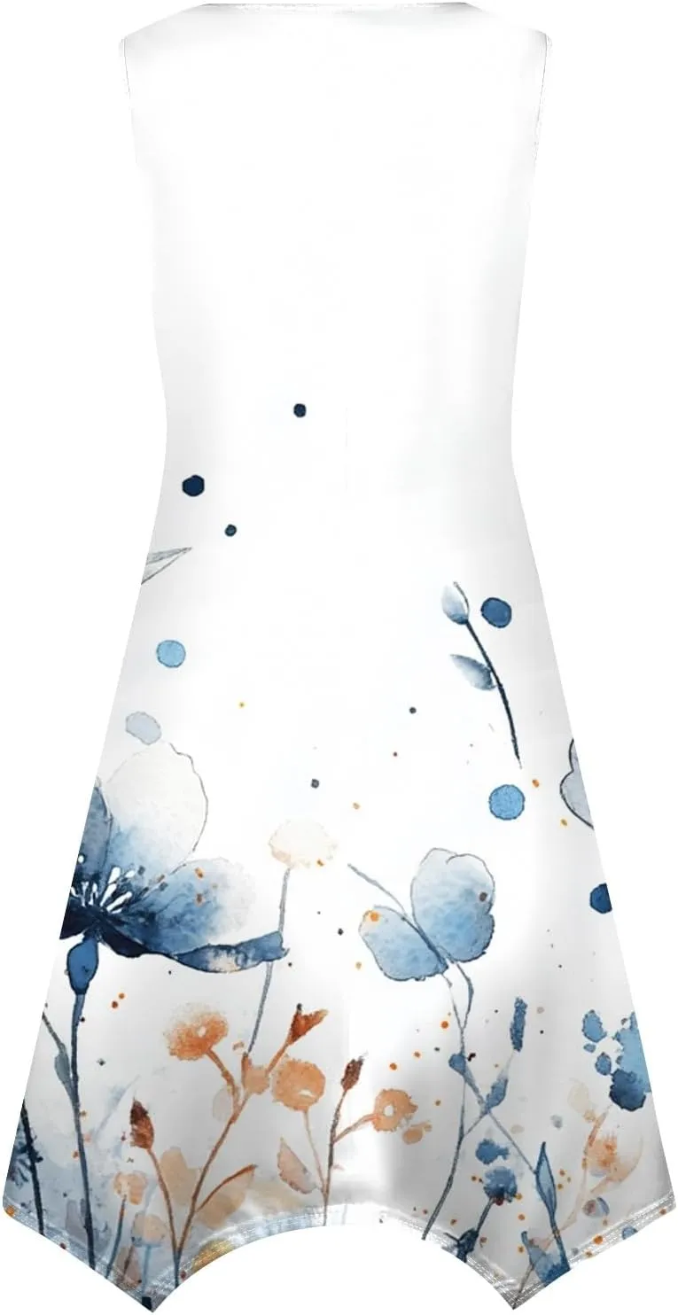 Midi Dress for Women Summer Sleeveless Irregular Hem Mid Length Dress for Women U-Neck Dresses A Line with Pockets