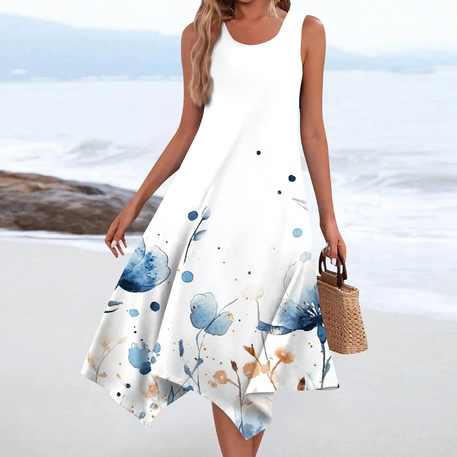 Midi Dress for Women Summer Sleeveless Irregular Hem Mid Length Dress for Women U-Neck Dresses A Line with Pockets