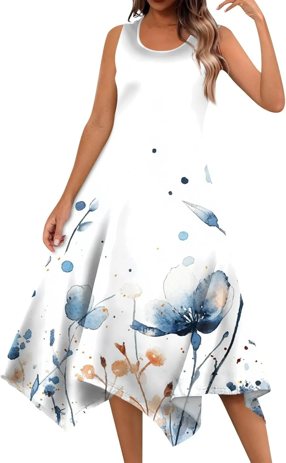 Midi Dress for Women Summer Sleeveless Irregular Hem Mid Length Dress for Women U-Neck Dresses A Line with Pockets