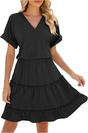 Mini Dress Women Summer Casual V Neck Short Sleeve Going Out Dresses Elegant Tiered Crochet Beach A Line Short Dress