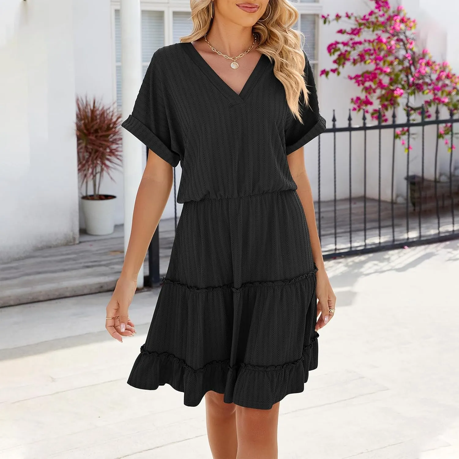Mini Dress Women Summer Casual V Neck Short Sleeve Going Out Dresses Elegant Tiered Crochet Beach A Line Short Dress
