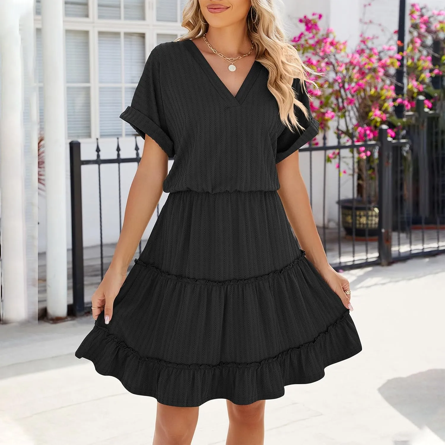 Mini Dress Women Summer Casual V Neck Short Sleeve Going Out Dresses Elegant Tiered Crochet Beach A Line Short Dress
