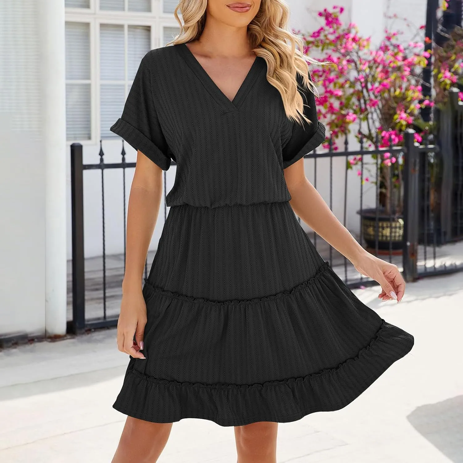 Mini Dress Women Summer Casual V Neck Short Sleeve Going Out Dresses Elegant Tiered Crochet Beach A Line Short Dress